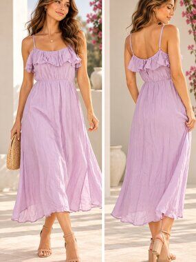 Leith Lavender Ruffle Midi Dress Spaghetti Strap Elastic Waist S